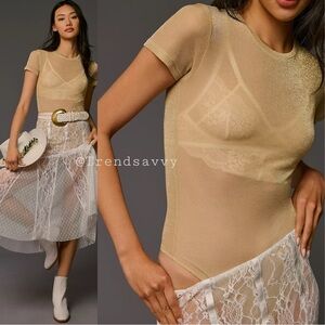 ANTHROPOLOGIE Shimmer Rossie Bodysuit Tops Gold Size L NWT